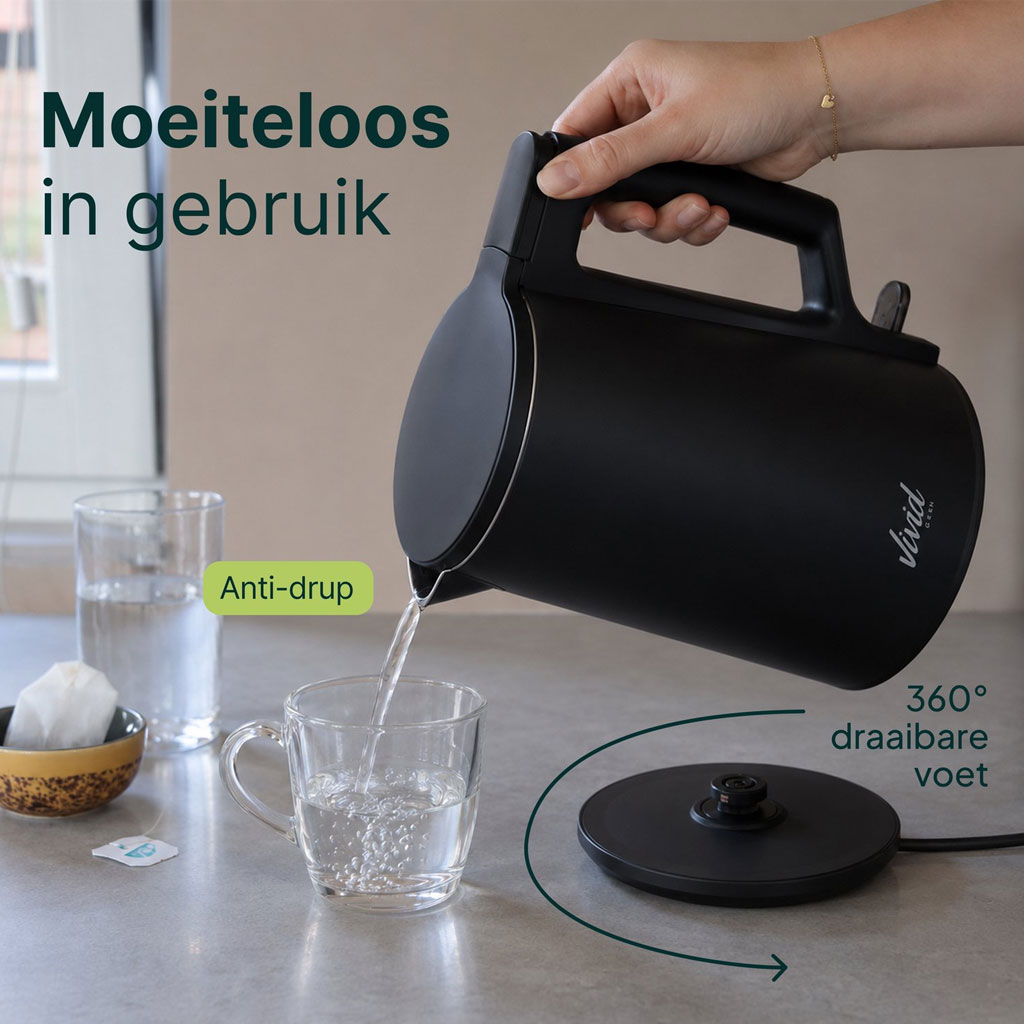 Vivid Green Waterkoker 1,7 Liter 2200W Zwart – RVS, BPA-vrij en 360° Draaibaar - Afbeelding 6
