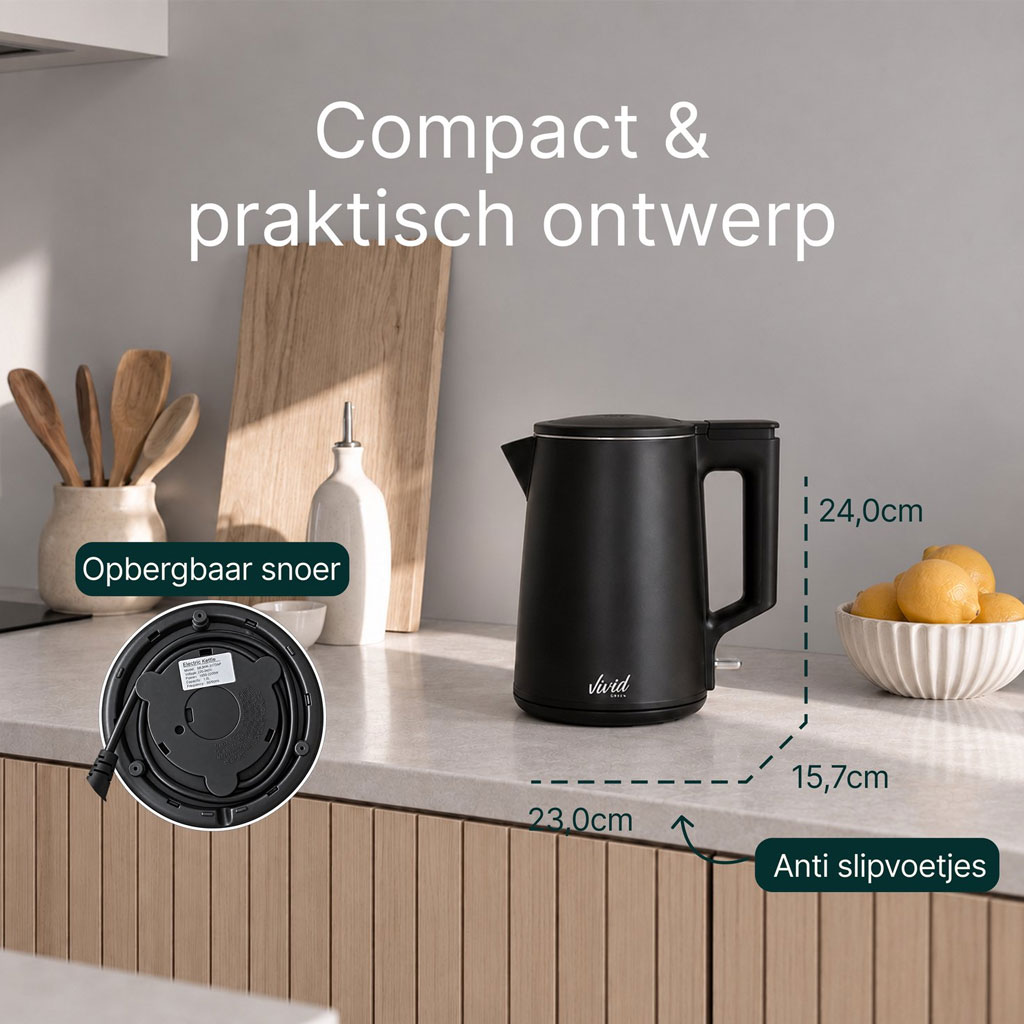 Vivid Green Waterkoker 1,7 Liter 2200W Zwart – RVS, BPA-vrij en 360° Draaibaar - Afbeelding 5