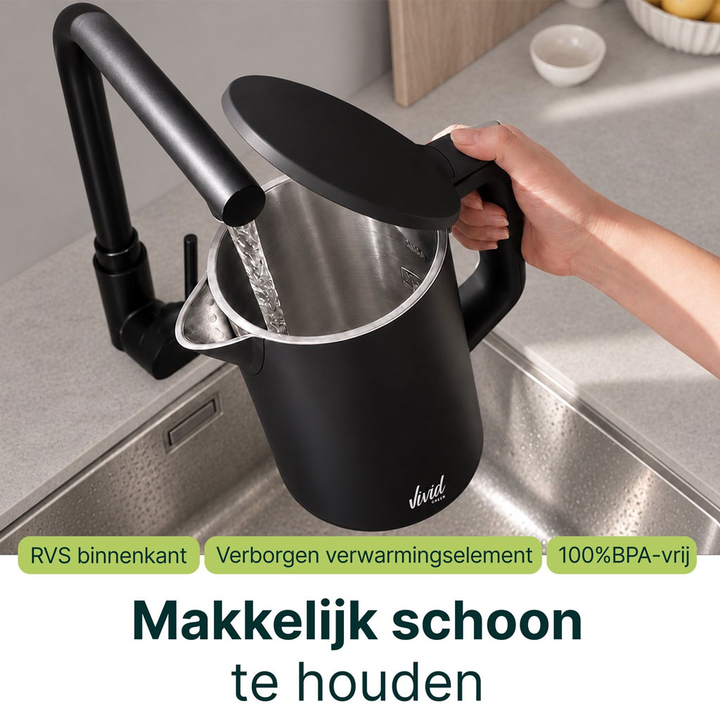 Vivid Green Waterkoker 1,7 Liter 2200W Zwart – RVS, BPA-vrij en 360° Draaibaar - Afbeelding 4