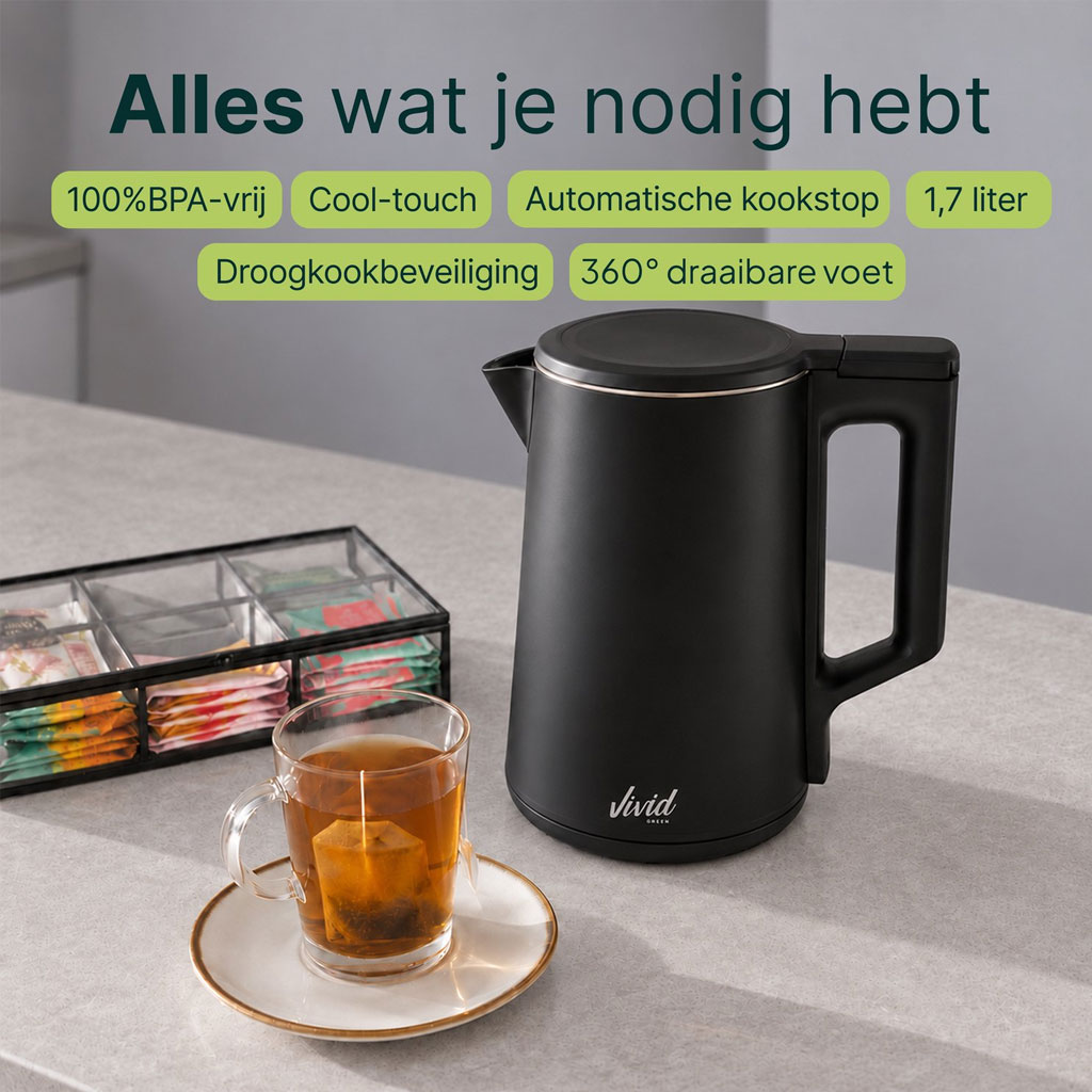 Vivid Green Waterkoker 1,7 Liter 2200W Zwart – RVS, BPA-vrij en 360° Draaibaar - Afbeelding 3
