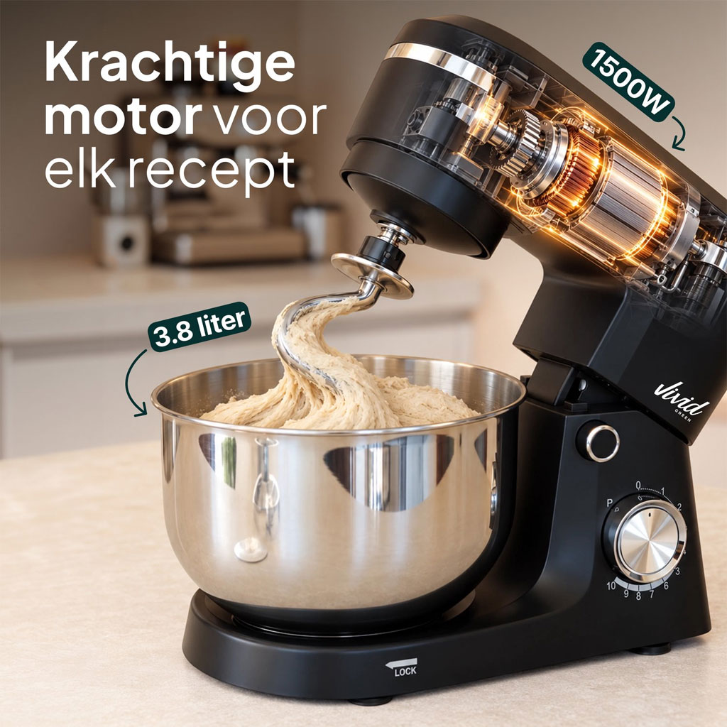 Vivid Green Keukenmachine 1500W Zwart – 3,8 Liter RVS Mengkom, 10 Snelheden en 3 Opzetstukken - Afbeelding 6