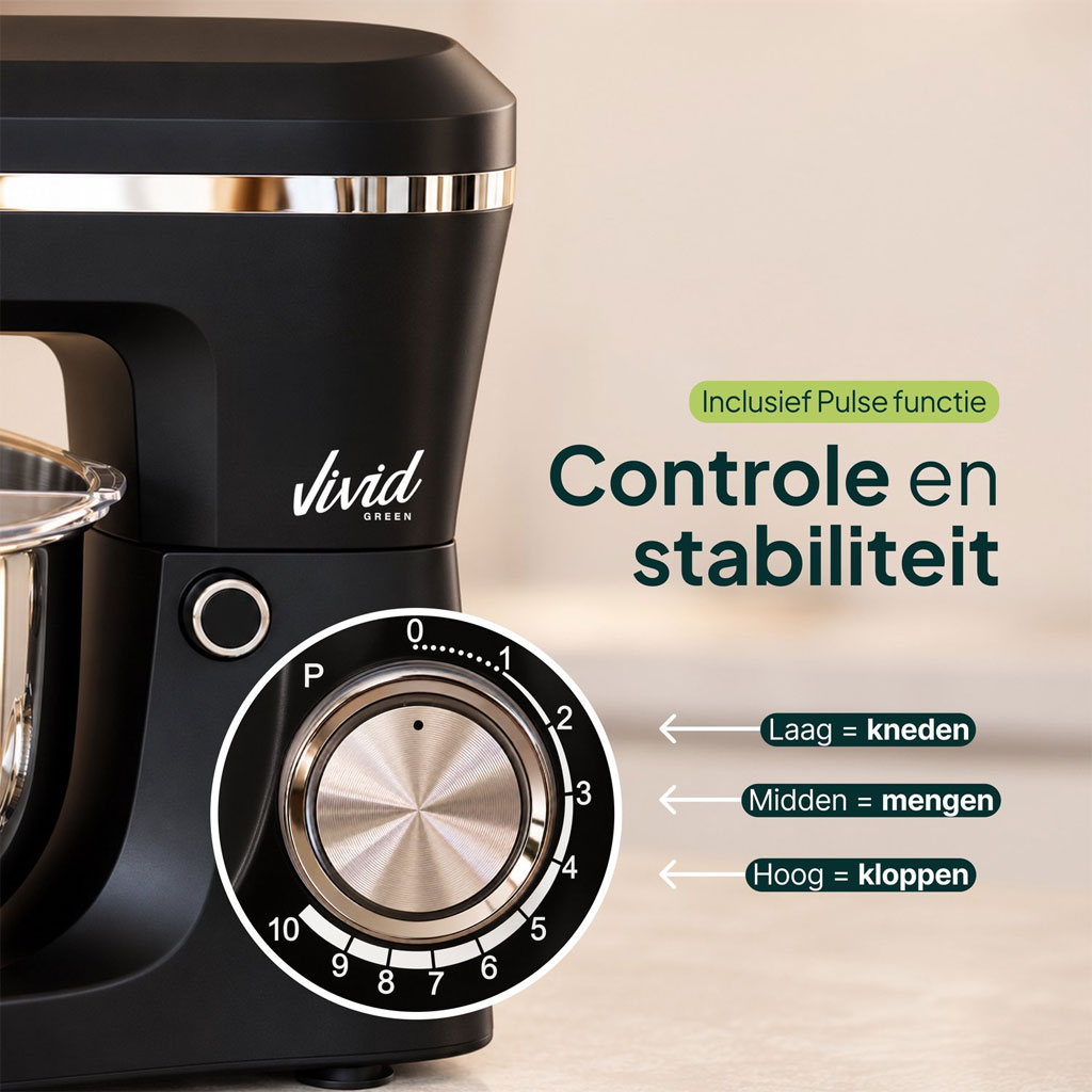 Vivid Green Keukenmachine 1500W Zwart – 3,8 Liter RVS Mengkom, 10 Snelheden en 3 Opzetstukken - Afbeelding 5