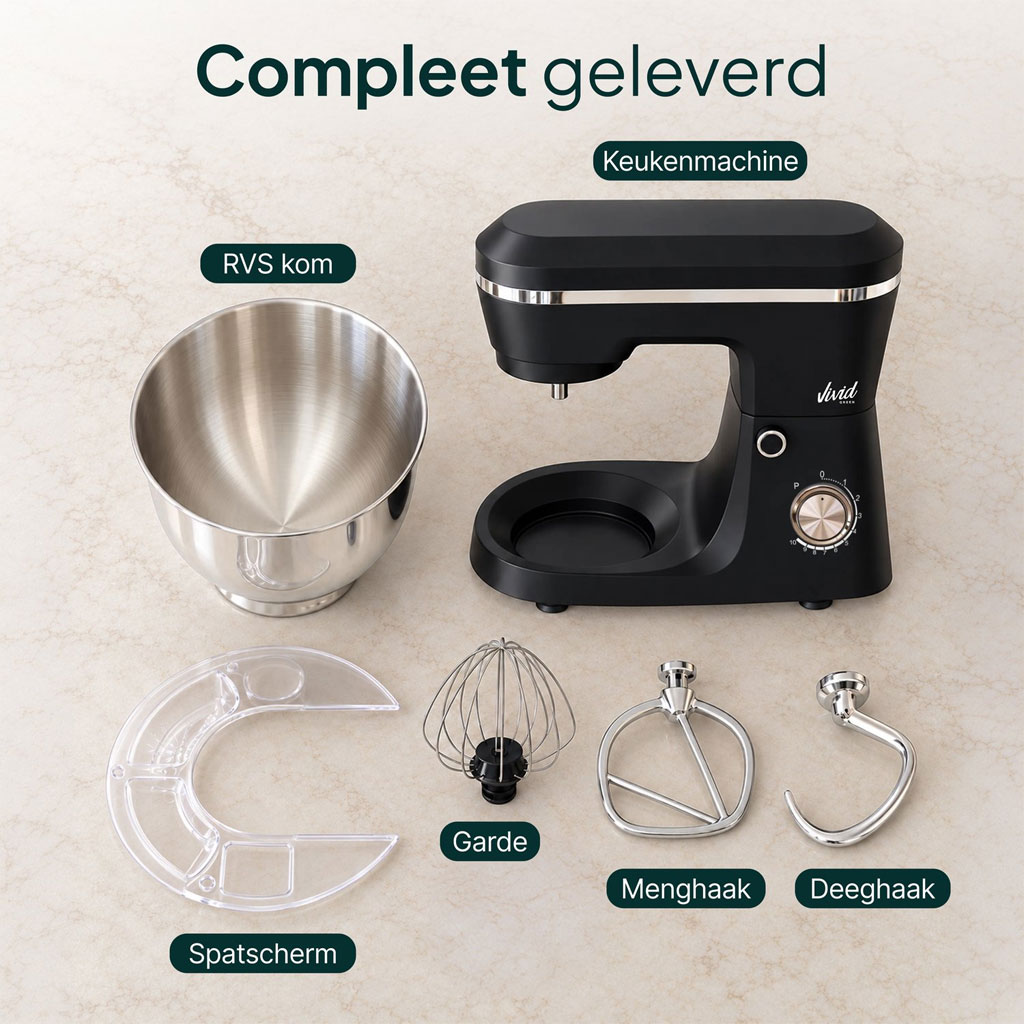Vivid Green Keukenmachine 1500W Zwart – 3,8 Liter RVS Mengkom, 10 Snelheden en 3 Opzetstukken - Afbeelding 3