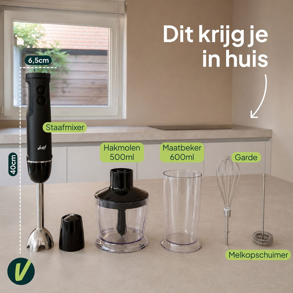 Vivid Green Staafmixer Set 1000W Mat Zwart – 6-in-1 met Hakmolen, Garde, Melkopschuimer en Maatbeker - Afbeelding 2