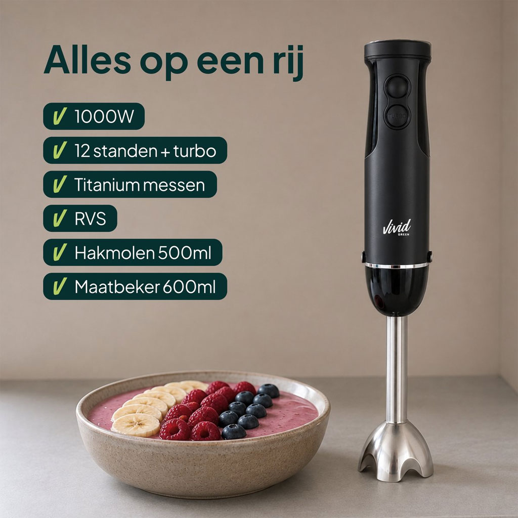 Vivid Green Staafmixer Set 1000W Mat Zwart – 6-in-1 met Hakmolen, Garde, Melkopschuimer en Maatbeker - Afbeelding 9