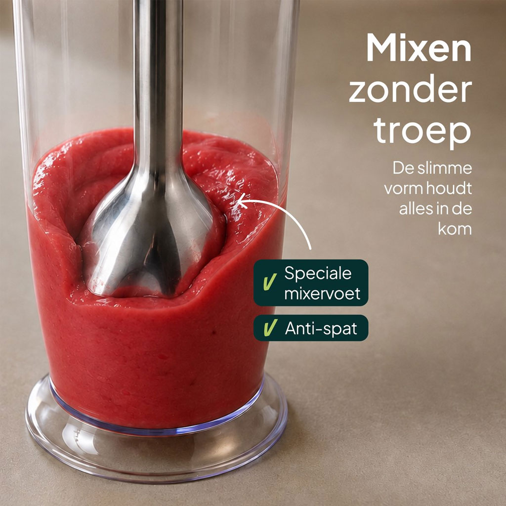Vivid Green Staafmixer Set 1000W Mat Zwart – 6-in-1 met Hakmolen, Garde, Melkopschuimer en Maatbeker - Afbeelding 6