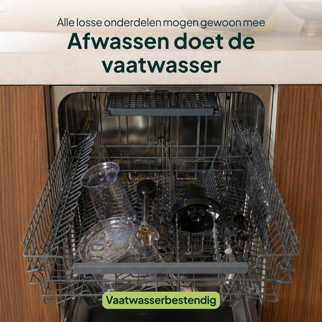 Vivid Green Staafmixer Set 1000W Mat Zwart – 6-in-1 met Hakmolen, Garde, Melkopschuimer en Maatbeker - Afbeelding 5