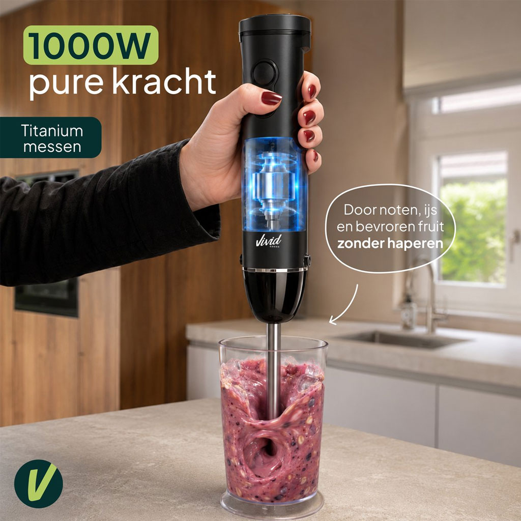 Vivid Green Staafmixer Set 1000W Mat Zwart – 6-in-1 met Hakmolen, Garde, Melkopschuimer en Maatbeker - Afbeelding 4