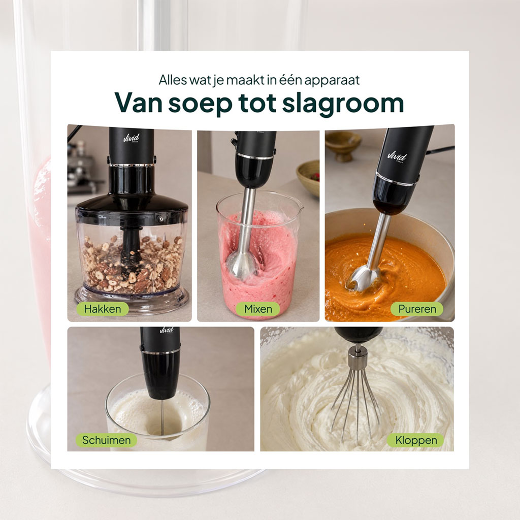 Vivid Green Staafmixer Set 1000W Mat Zwart – 6-in-1 met Hakmolen, Garde, Melkopschuimer en Maatbeker - Afbeelding 3