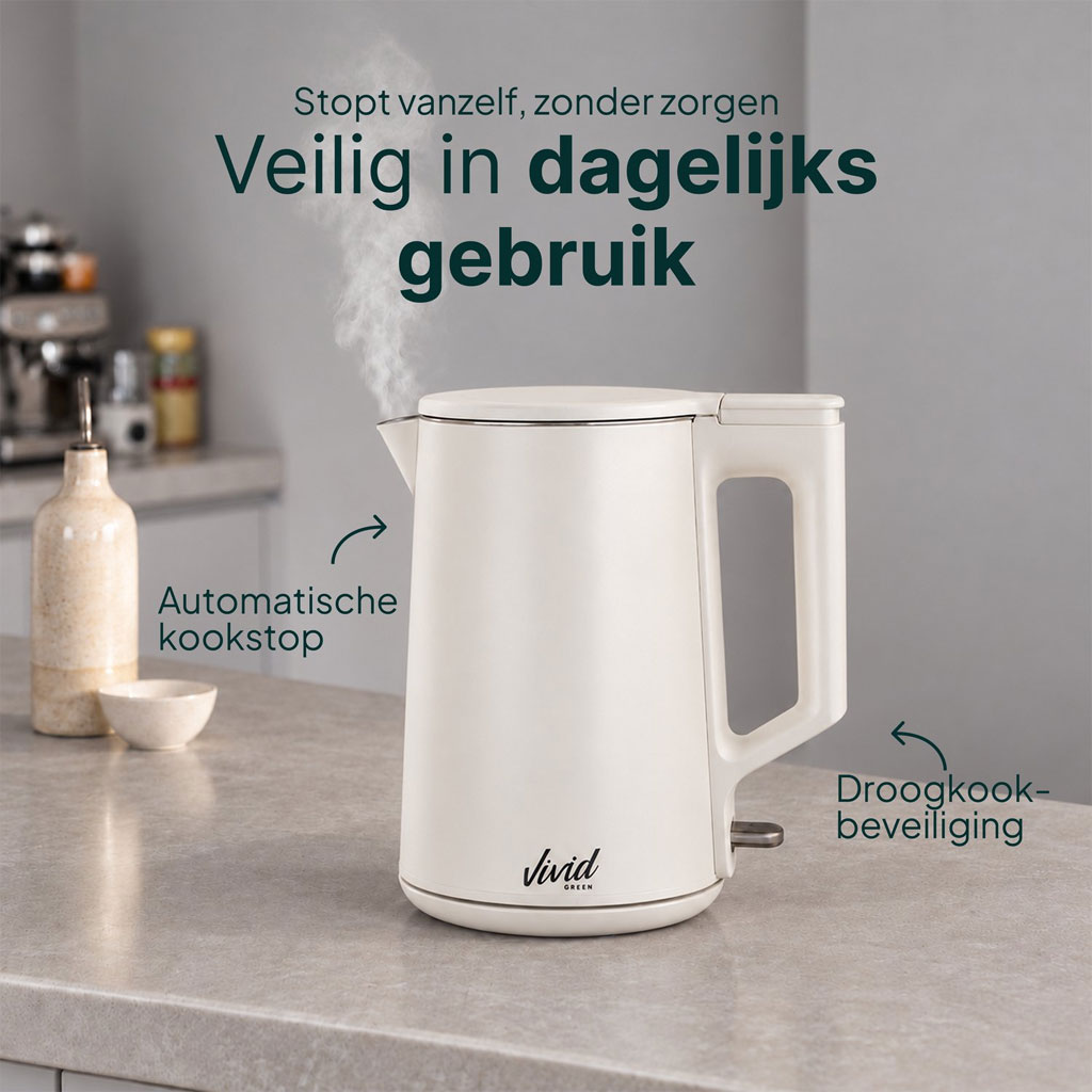Vivid Green Waterkoker 1,7 Liter 2200W Beige – RVS, BPA-vrij en 360° Draaibaar - Afbeelding 2