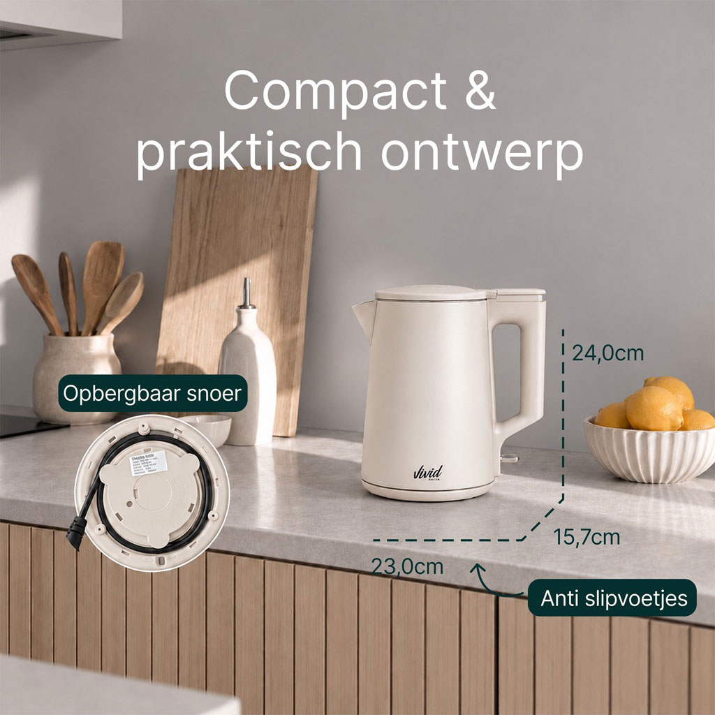 Vivid Green Waterkoker 1,7 Liter 2200W Beige – RVS, BPA-vrij en 360° Draaibaar - Afbeelding 5