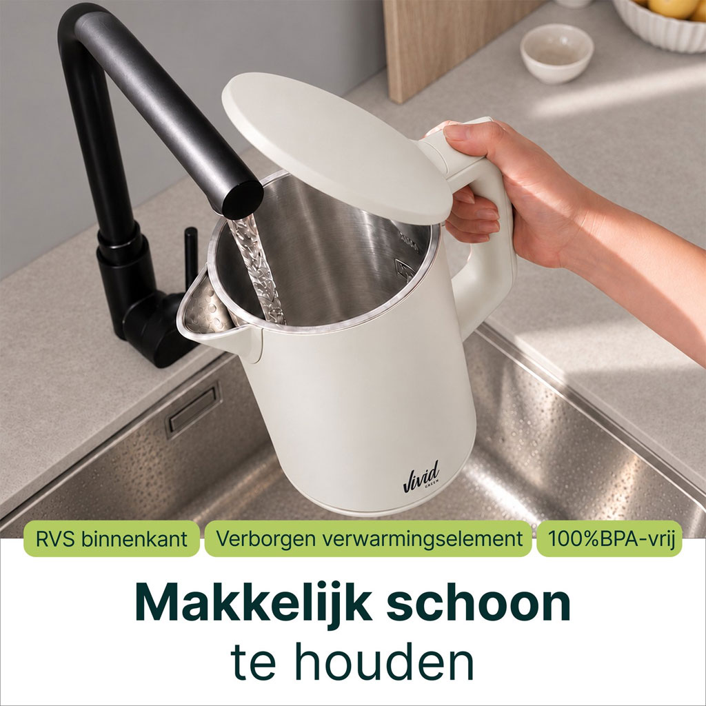 Vivid Green Waterkoker 1,7 Liter 2200W Beige – RVS, BPA-vrij en 360° Draaibaar - Afbeelding 4