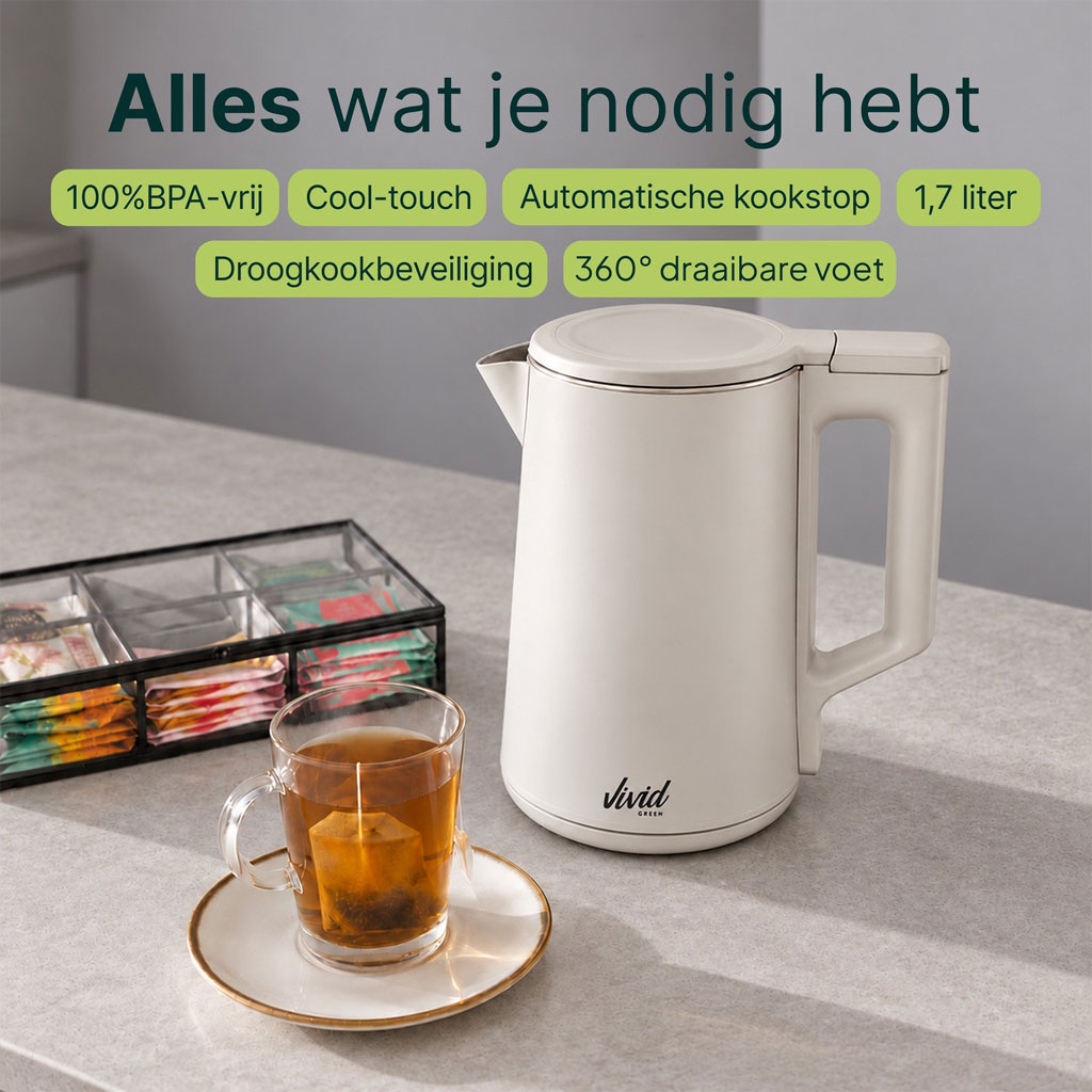 Vivid Green Waterkoker 1,7 Liter 2200W Beige – RVS, BPA-vrij en 360° Draaibaar - Afbeelding 3
