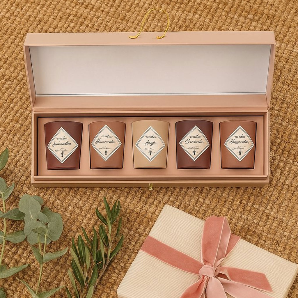 WDMT Luxe Geurkaarsen Cadeaubox Beige – 5 Geurkaarsen in Glazen Potjes – 100 Branduren – Luxe Geschenkset
