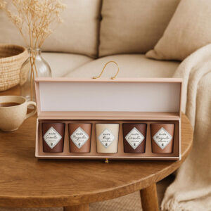WDMT Luxe Geurkaarsen Cadeaubox Beige – 5 Geurkaarsen in Glazen Potjes – 100 Branduren – Luxe Geschenkset - Afbeelding 3